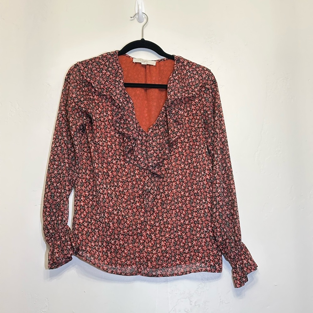 LOFT Black and Orange Ruffled Long Sleeve Blouse